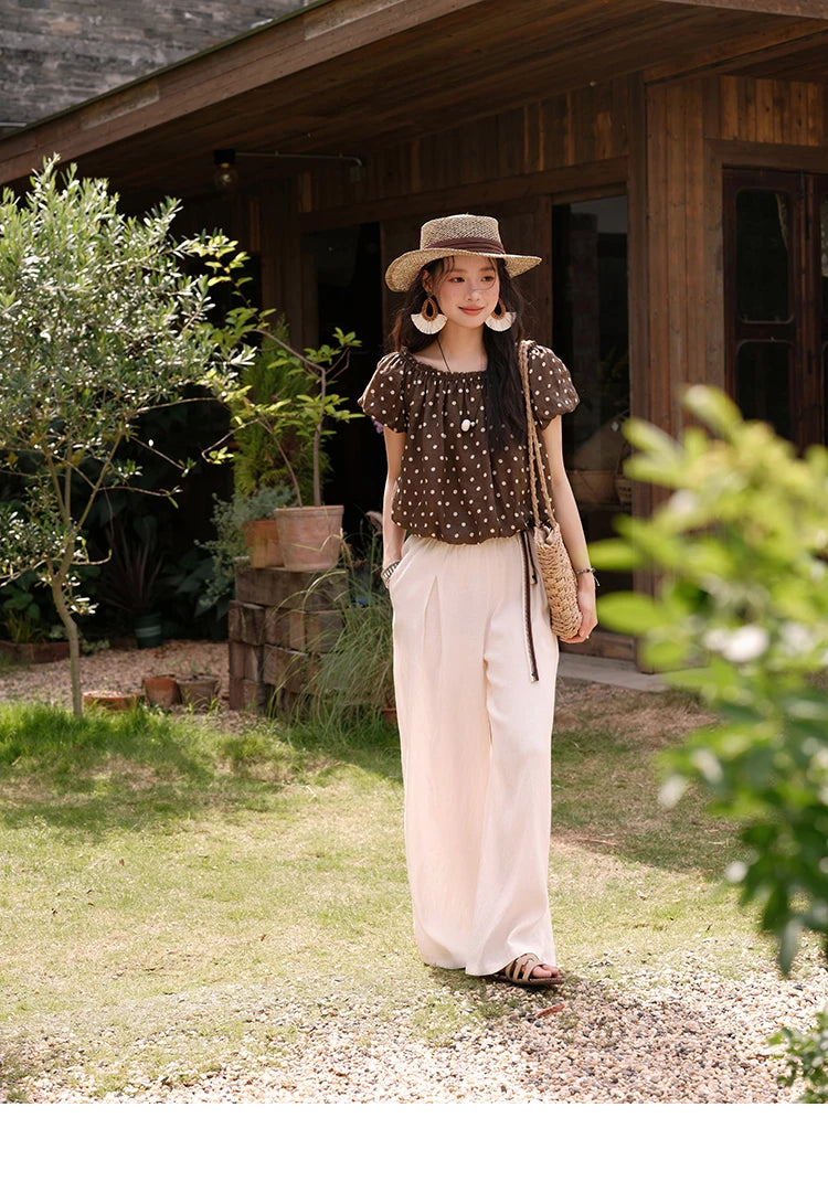 Mishow Polka Dot One Shoulder Puff Sleeve Top & Wide Leg Pants Set MXE38T0683