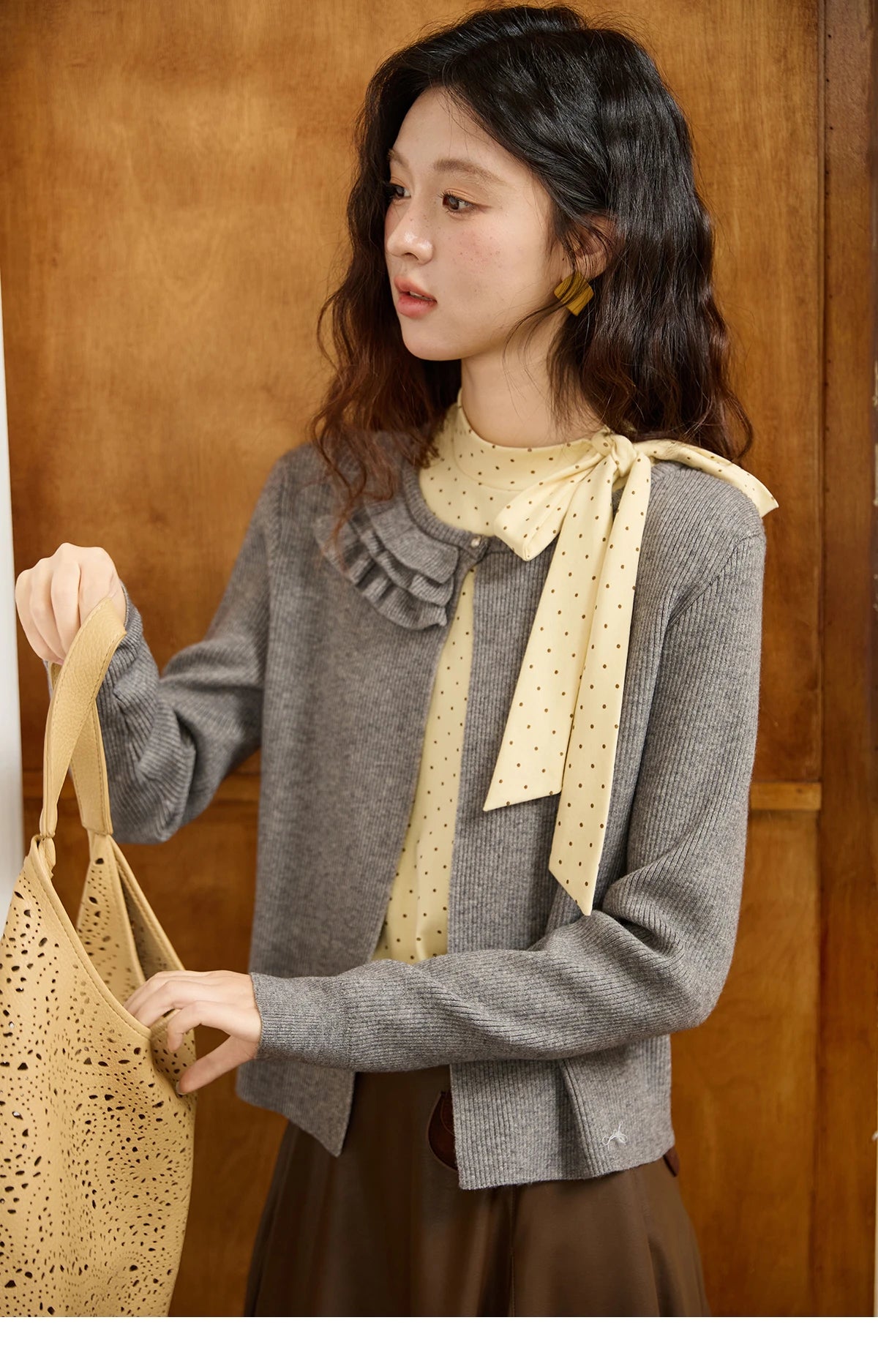 Mishow Yellow Polka Dot Lace Up Collar Pullover MXE45Z1379