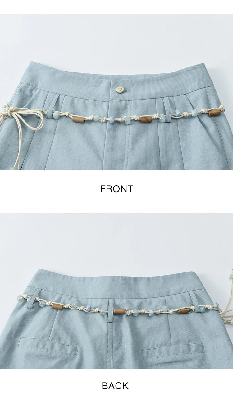 MISHOW Sea Salt Blue Wide Leg Pants Contrasting Bead Belt MXE35K0931