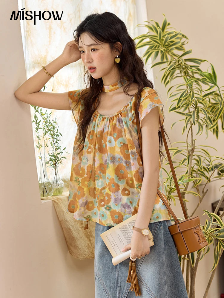 MISHOW Cotton Citrus Oil Painting Blouse Flying Sleeve MXE36X1872
