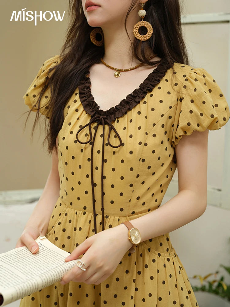 Mishow Polka Dot V-Neck Lace Up Puff Sleeve Dress MXE39L2326
