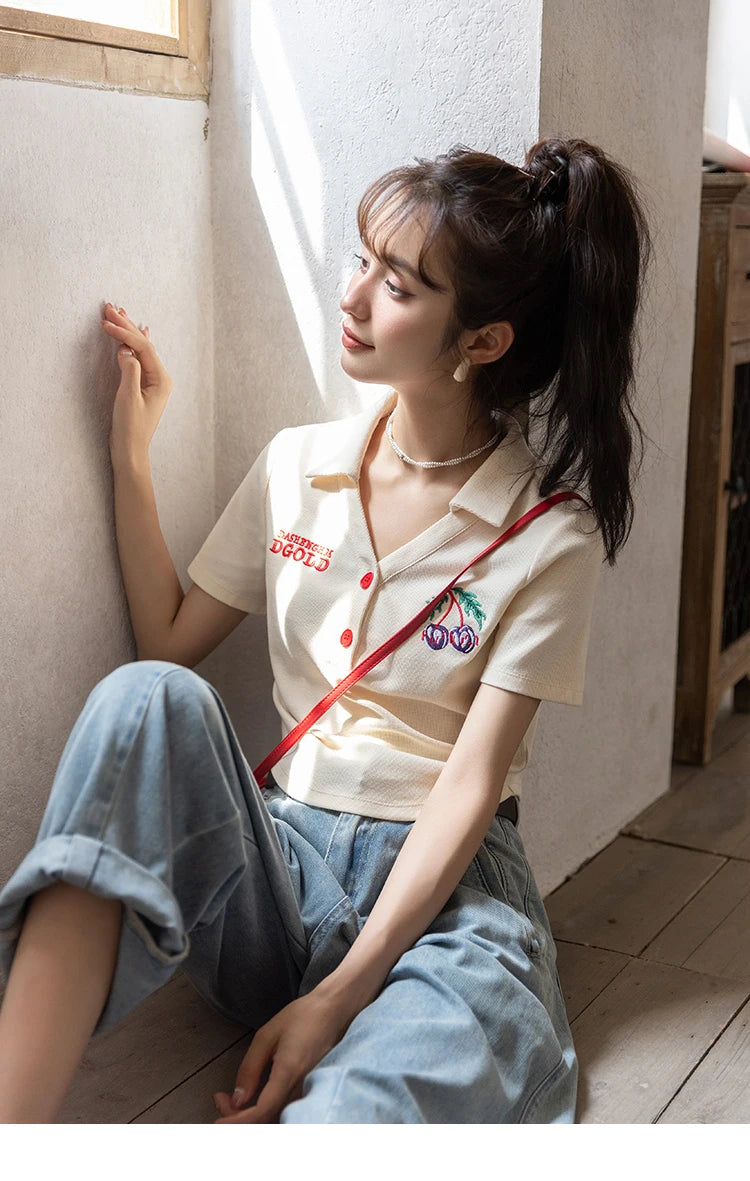 Mishow Korean Polo Collar Embroidery Letter Tee MXB32T0477