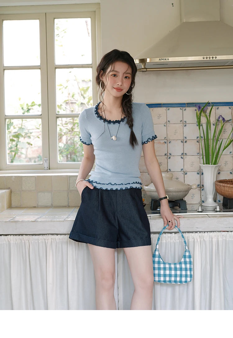 Mishow Round Neck Ear Edge Short Sleeve Tee MXE32Z1233