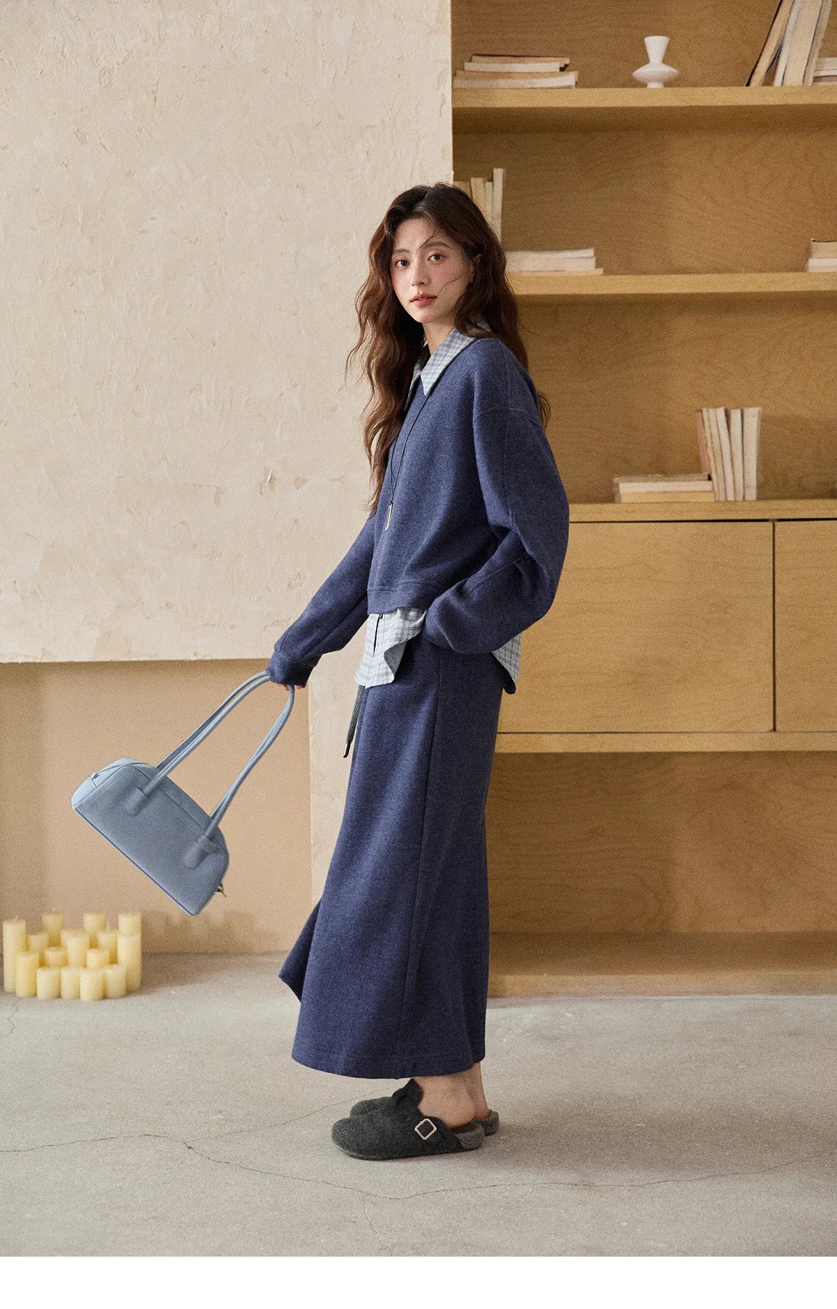 Mishow Blue Plaid Knit Top & Straight Skirt Set MXE87T1445