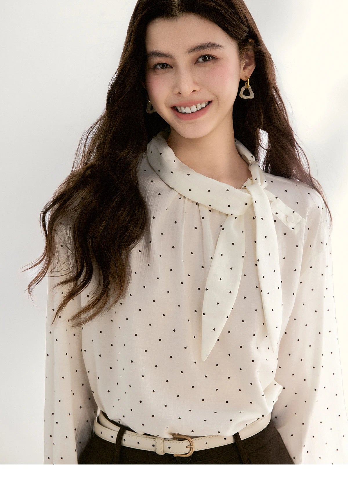 MISHOW White Polka Dot Blouse Bow Tie Neck Sheer MXF13X2531
