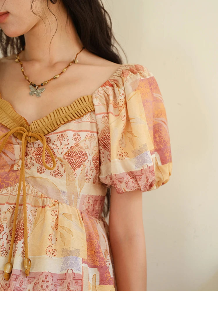 MISHOW V-Neck Lace Up Patchwork Blouse Puff Sleeve Floral Print MXE38X1911