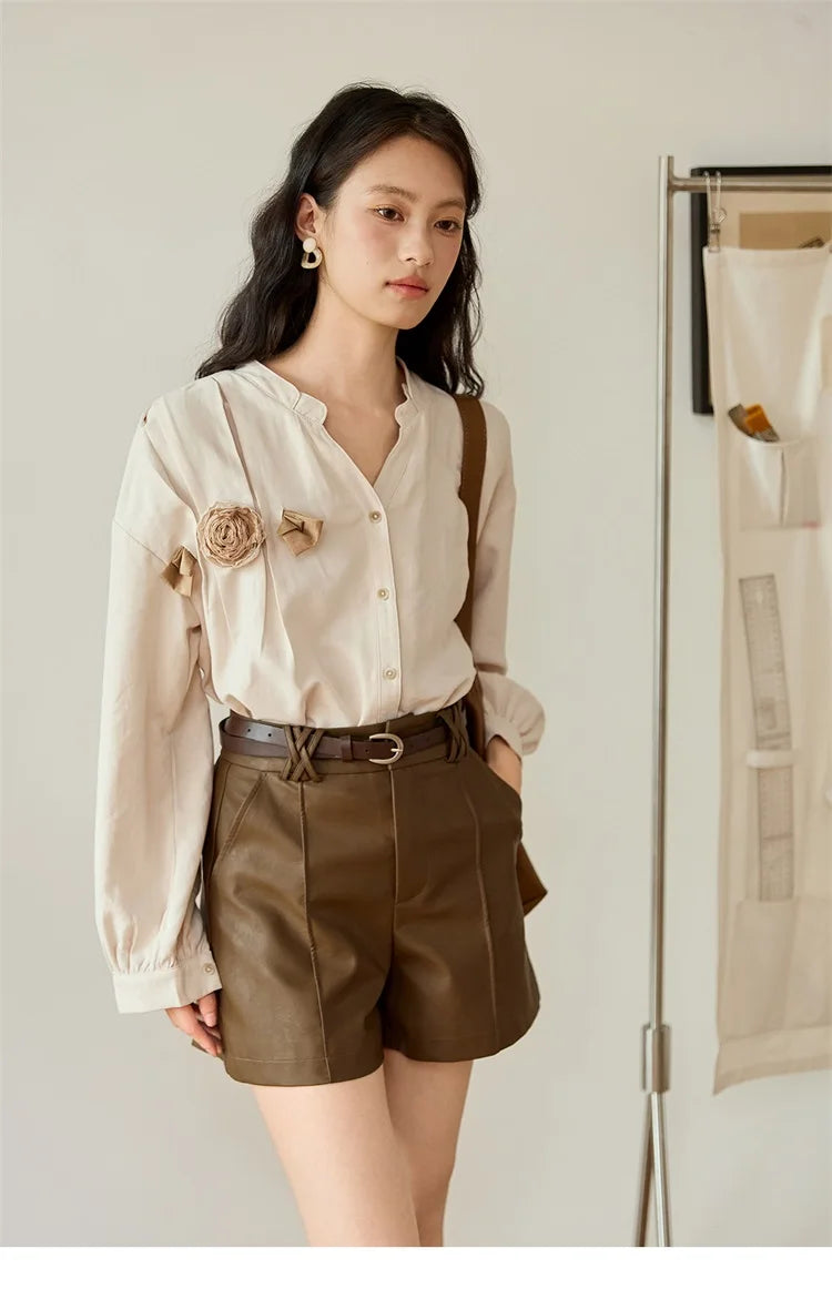 Mishow PU Leather High Waist A-Line Shorts with Slanted Pockets MXE48K1086