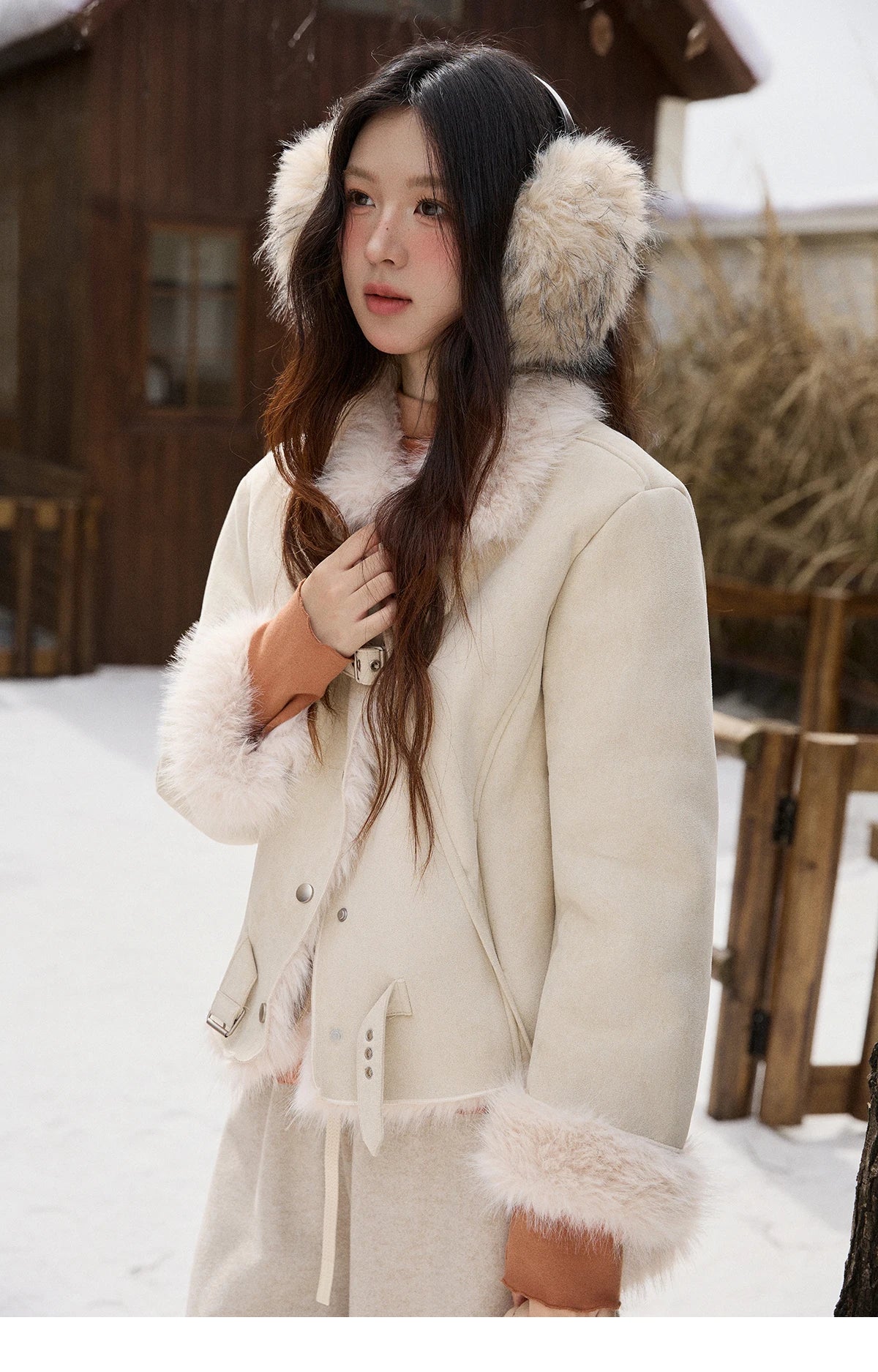 Mishow Faux Fur Lapel Short Coat with Plush Bag MXE91W1000