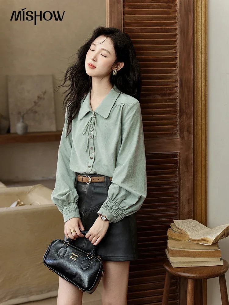 MISHOW Vintage Green Blouse Bow Lace-Up Lantern Sleeve MXD44C0337