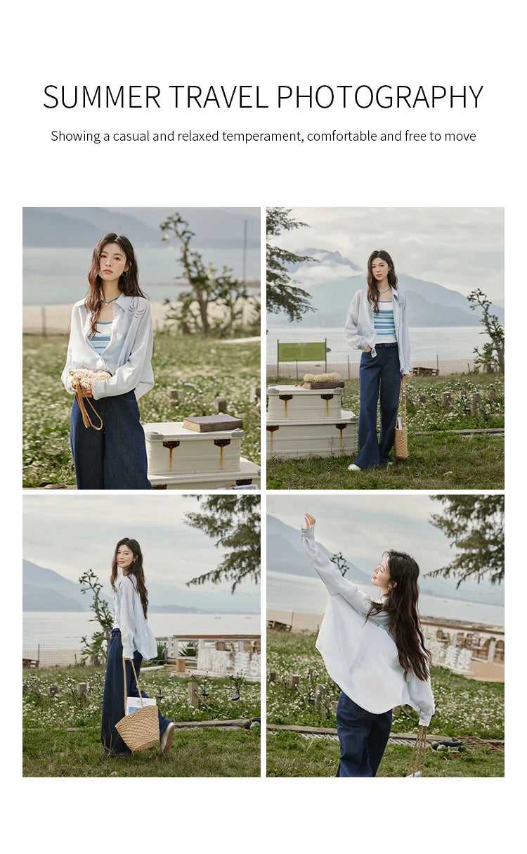 MISHOW Blue Hollow Embroidery Blouse Long Sleeve MXE31C0775