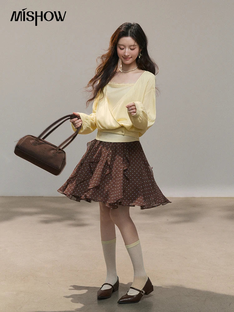 Mishow Lemon Yellow Lantern Sleeve Top & Lace Camisole Set MXF13T1513