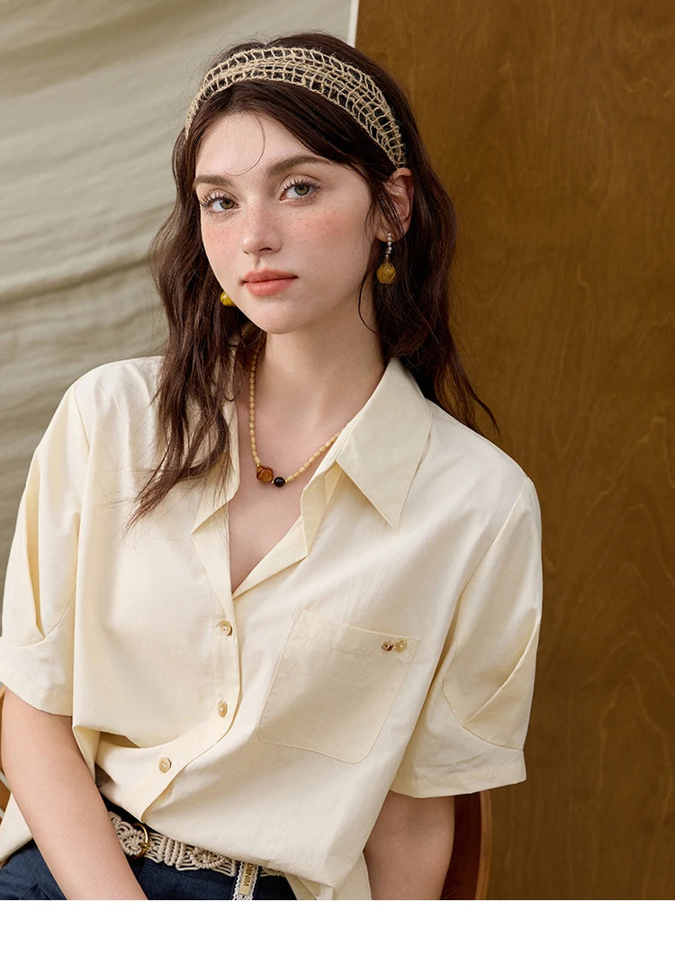 MISHOW French Turn-Down Collar Short Sleeve Solid Blouse MXE33C0778