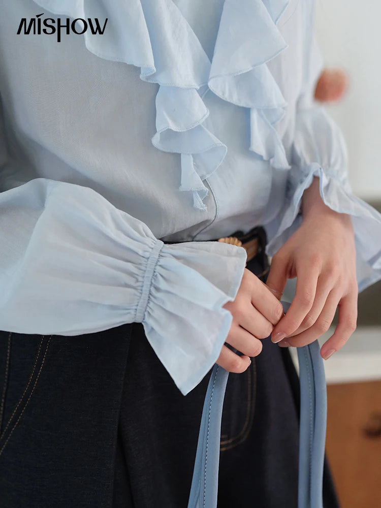 MISHOW Blue Lyocell Ruffled Shirt Flared Sleeves MXE41X1969