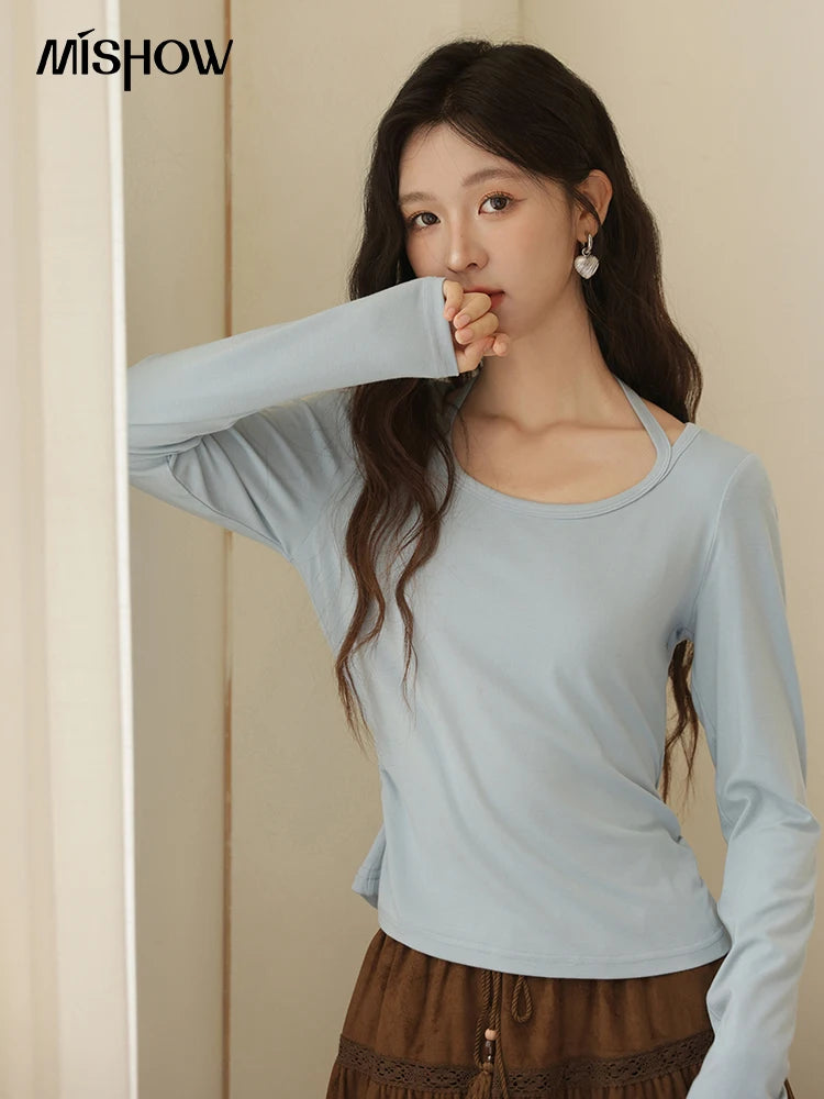 Mishow Hanging Neck Strap Pleated Waist Top MXE42T0720