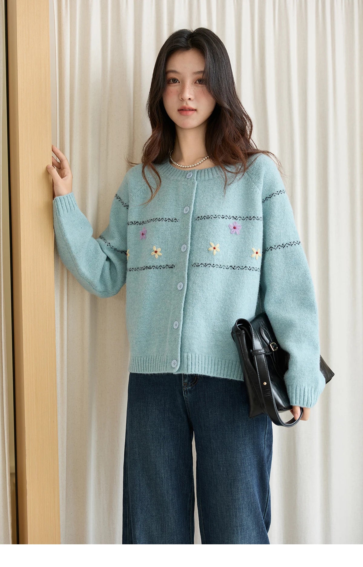 Mishow Blue Flower Embroidered Loose Cardigan MXE46Z2581