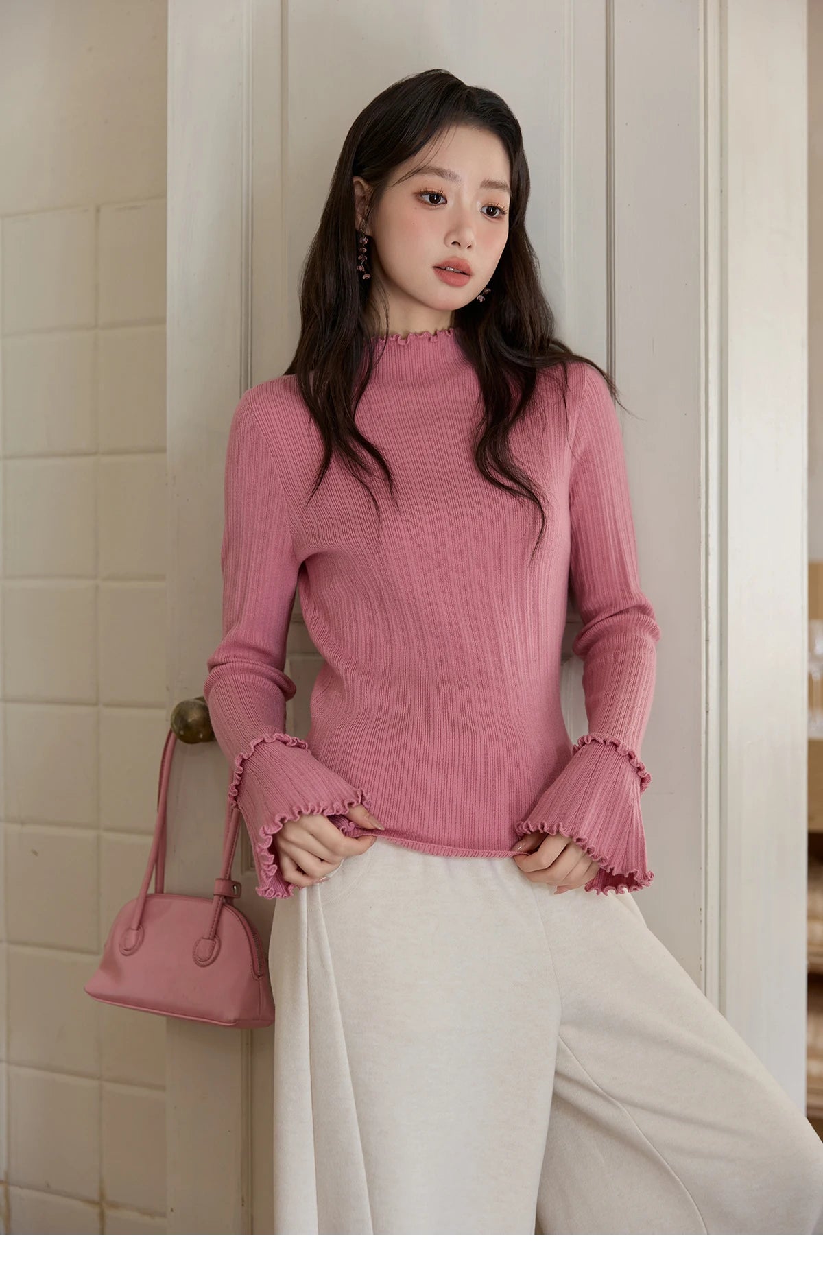 Mishow Turtleneck Wood Ear Trumpet Sleeve Top MXE51Z2552