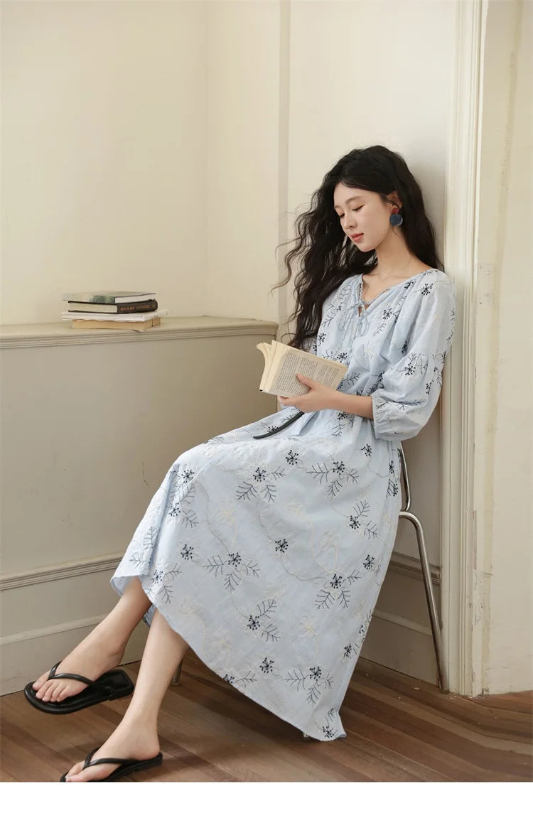 MISHOW Blue Flower Embroidered Lantern Sleeve Dress MXE42L2493