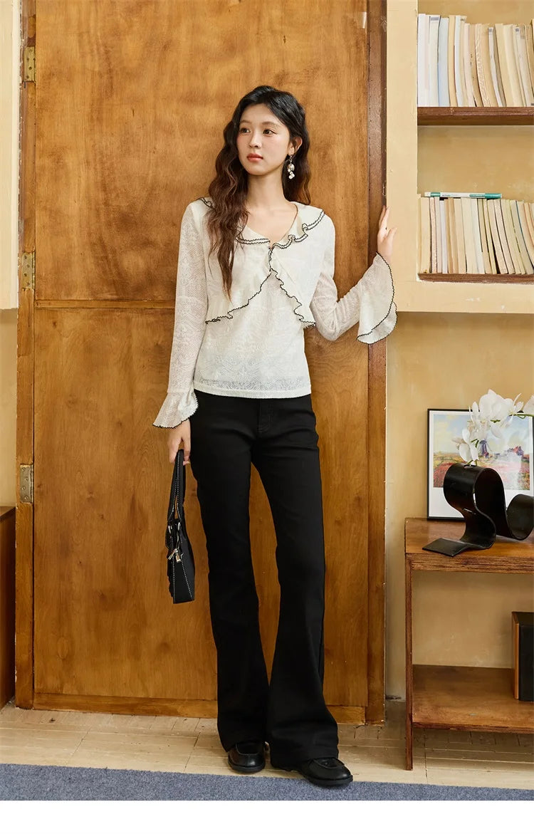 MISHOW Lace Blouse V-Neck Ruffle Edge Contrast Embroidery Flare Sleeve MXE45X2483