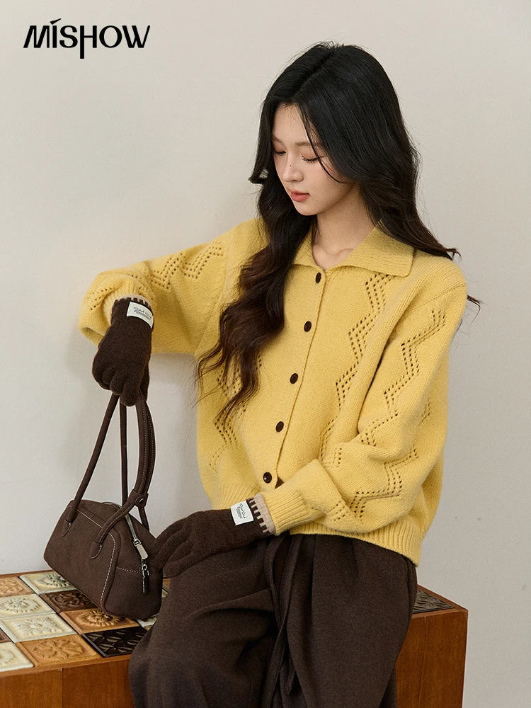 Mishow Yellow Hollow Pattern Lapel Cardigan MXE94Z2961