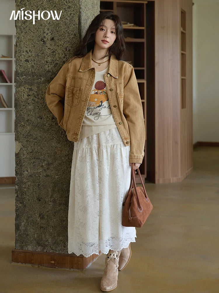 MISHOW Light Brown Denim Jacket Embroidered Pockets Dropped Sleeve MXE41W0795