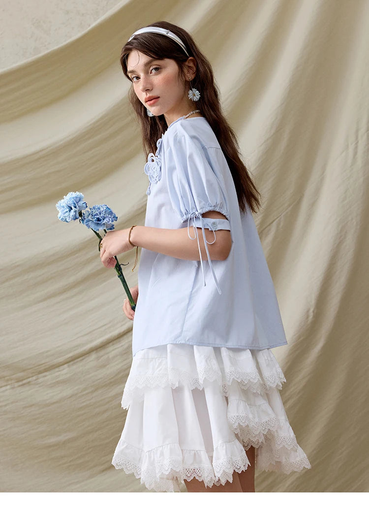 MISHOW Solid V-Neck Blouse Embroidered Loose Short Sleeve MXE31X1774