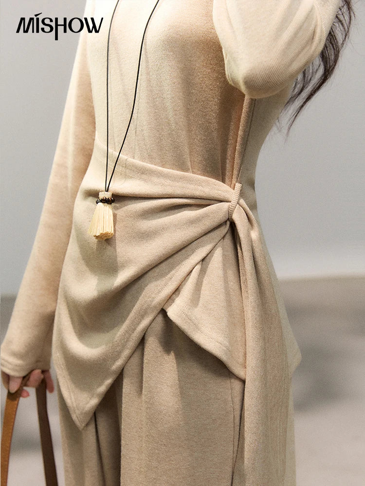 Mishow Khaki Asymmetrical Hem Top & Wide Leg Pants Set MXF11T1465