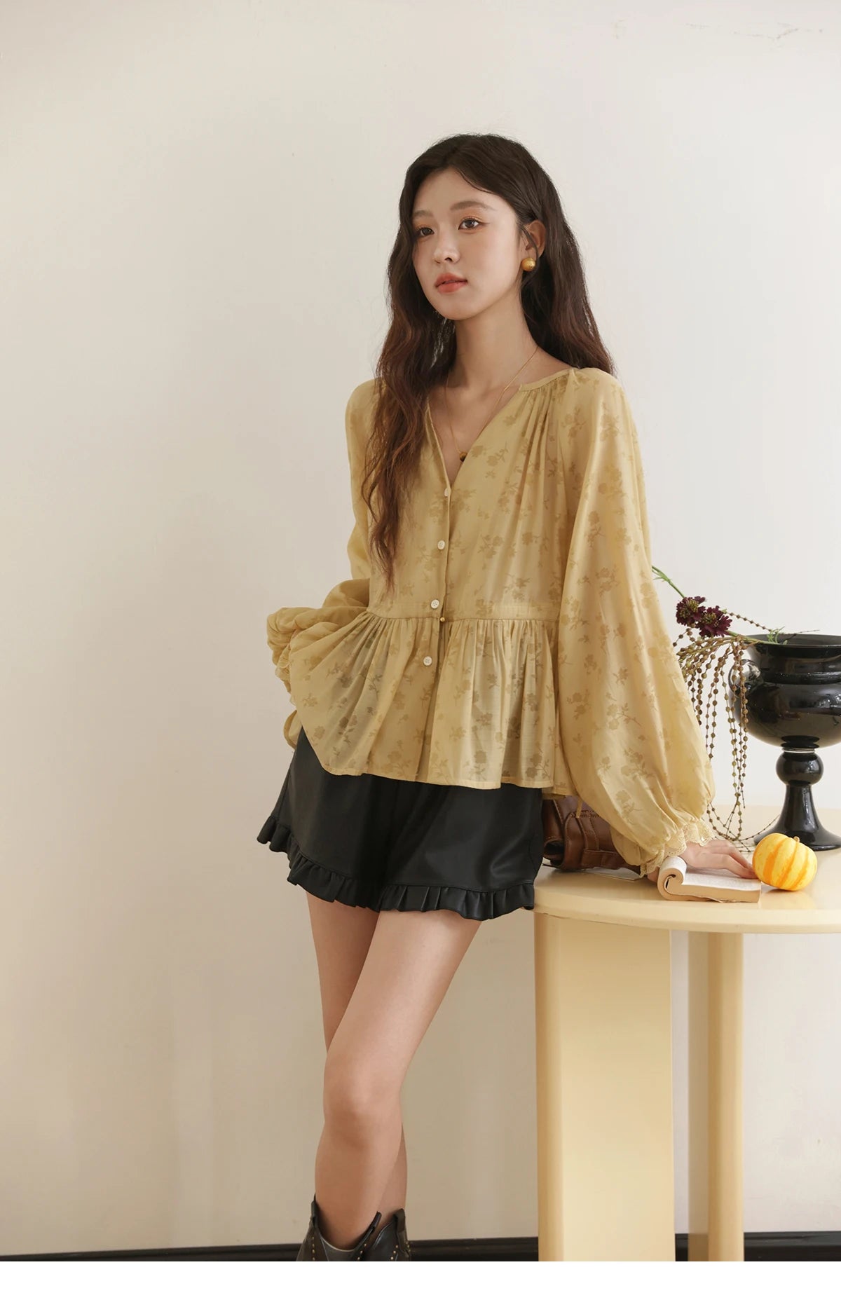 MISHOW Yellow Print Shirt Lantern Sleeve Drawstring Waist MXE45X2499