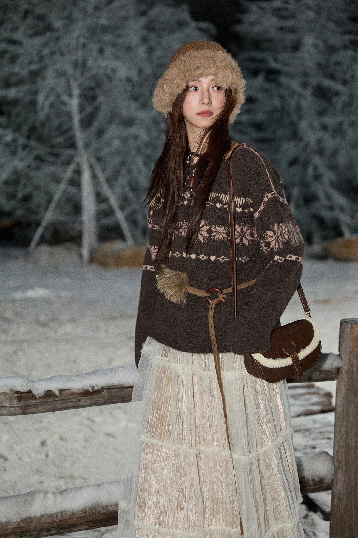 Mishow Brown Snowflake Jacquard Crew Neck Pullover MXE86Z2655