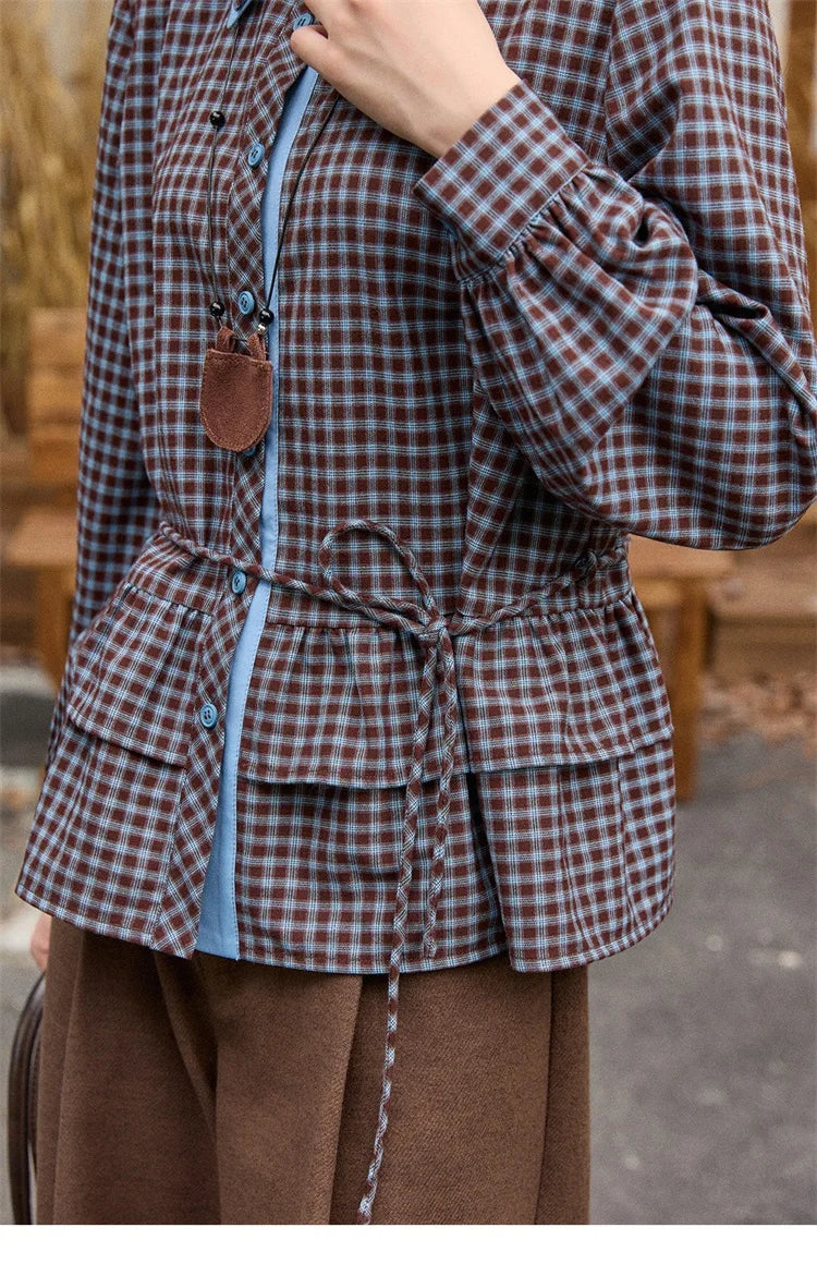 MISHOW Blue Plaid Shirt Lantern Sleeves Ruffled Hem MXE89C2420
