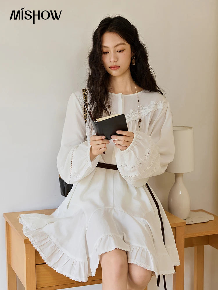 Mishow French O-Neck Lace Ruffled Lantern Sleeve Dress MXE46L2519