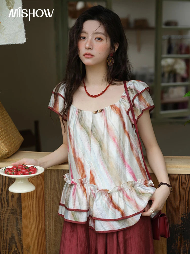 MISHOW Retro Stripe Print Blouse O-Neck Butterfly Sleeve MXE38X1862