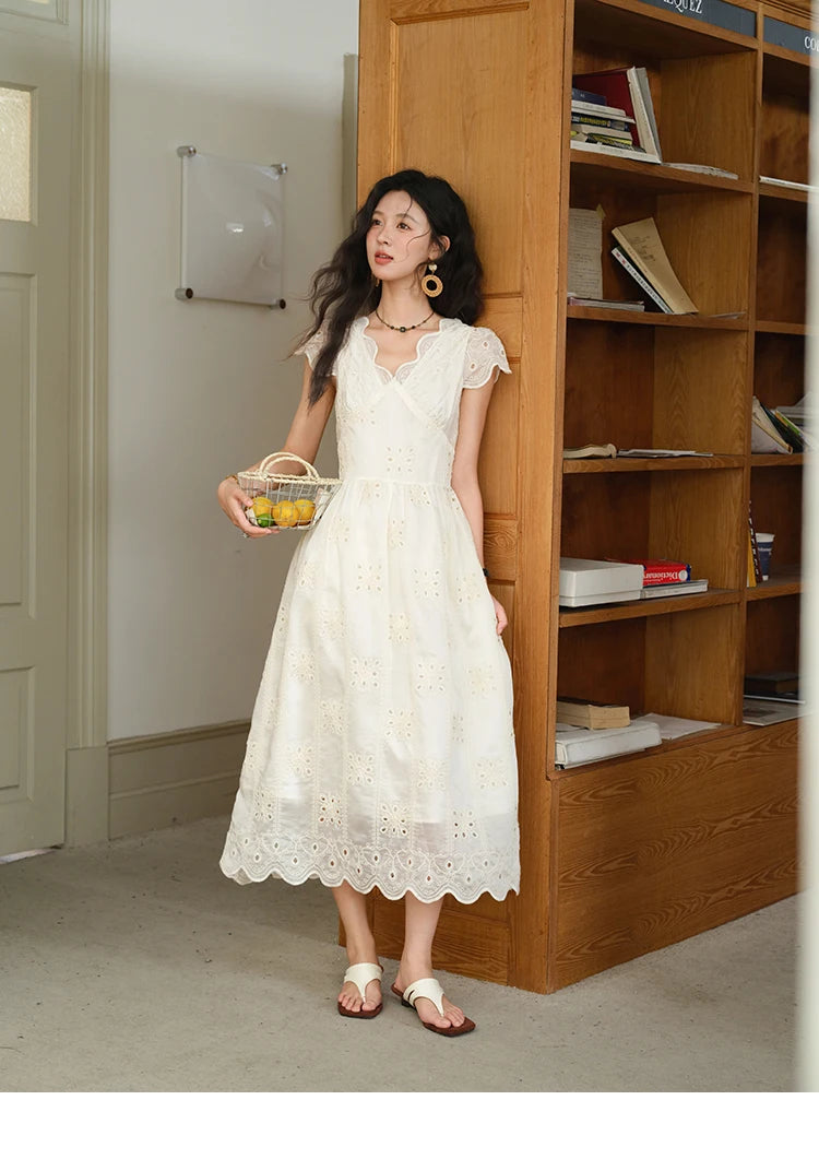 Mishow Flying Sleeve V-Neck Hollow Embroidered Dress MXE39L2404