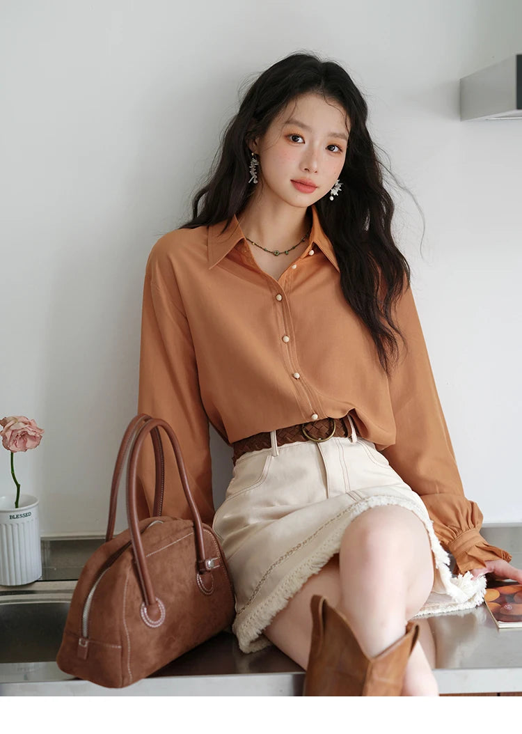 MISHOW Women's Color Block Shirt Pleated Cuffs Lapel Top MXE41C2352
