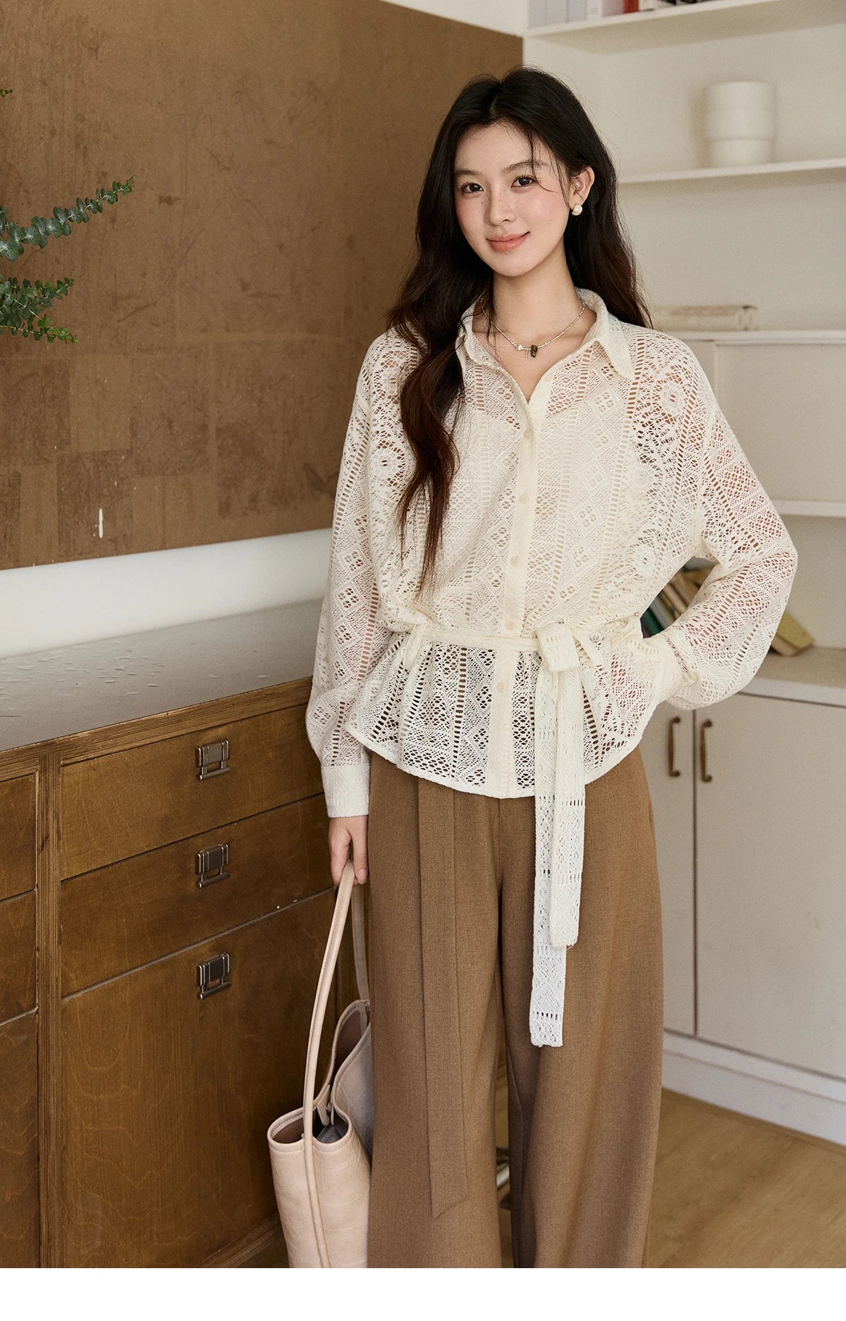 MISHOW Hollow Lace Shirt Camisole Set Drawstring Waist MXF108C0816