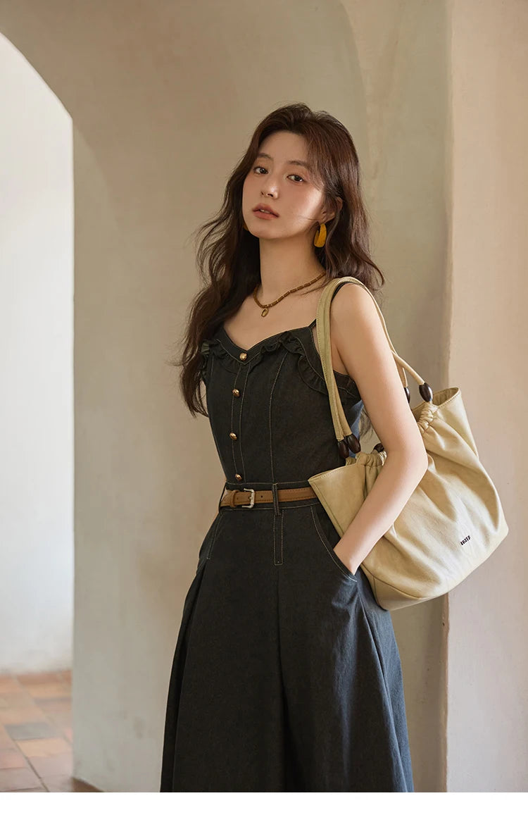 Mishow Lantern Sleeve Cardigan & Denim Strap Dress Set MXE41T0704