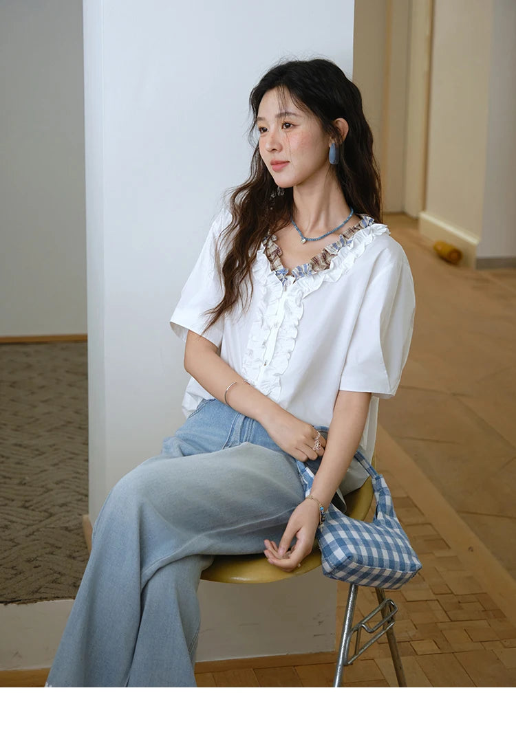 MISHOW V-Neck Shirt Patchwork Double Layer Fungus Edge Button MXE35X1793