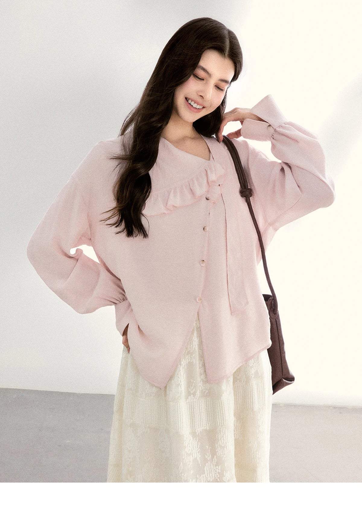 MISHOW Pink Asymmetrical Ruffled Collar Blouse Puff Sleeve MXF11X2520