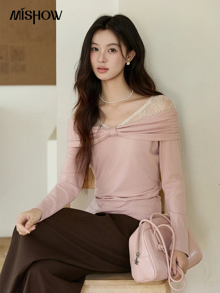 Mishow Lace Patchwork One Shoulder Tee MXF108Z1026