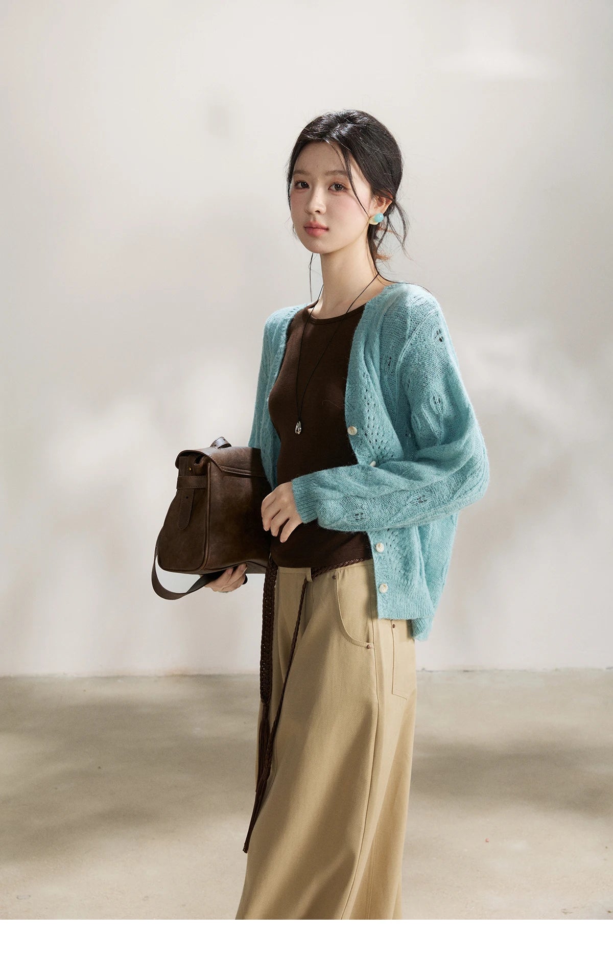 Mishow Blue Hollow Out V-Neck Wool Cardigan MXF13Z2975
