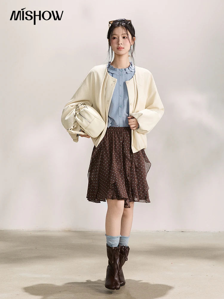 MISHOW Imitation Protein Skin Leather Jacket Ruffled Collar Button-Up MXF108W1019