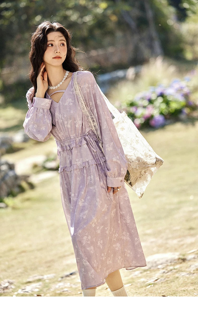 Mishow Black Fungus Edge Floral Lace-Up Cake Dress MXE13L2101