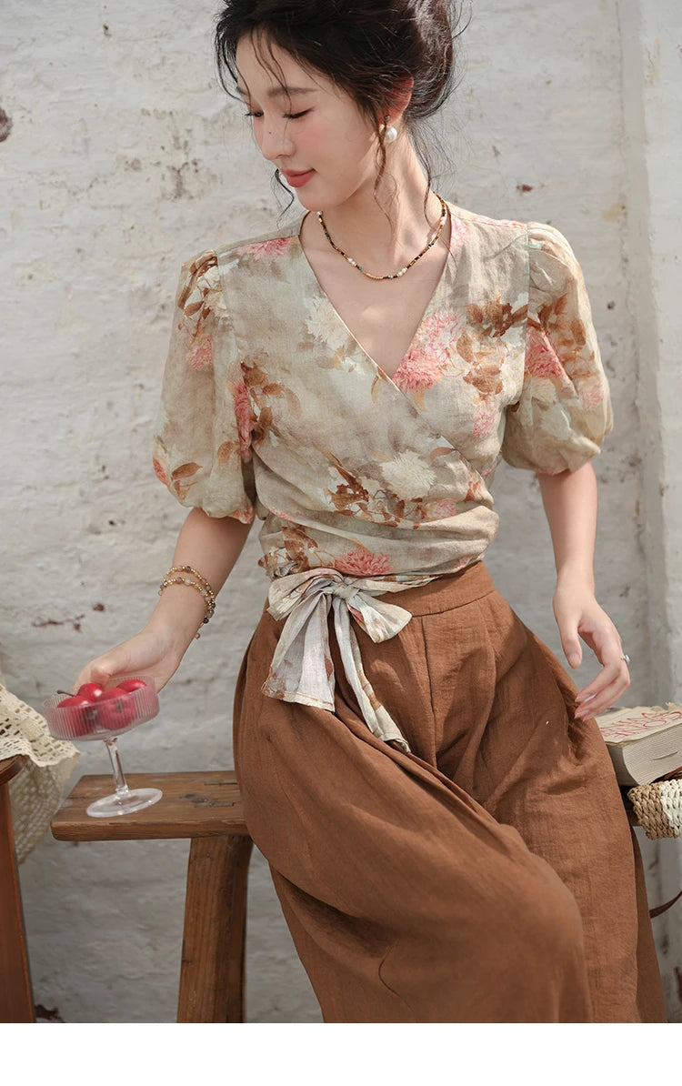 MISHOW French V-Neck Floral Puff Sleeve Blouse MXD28X1619