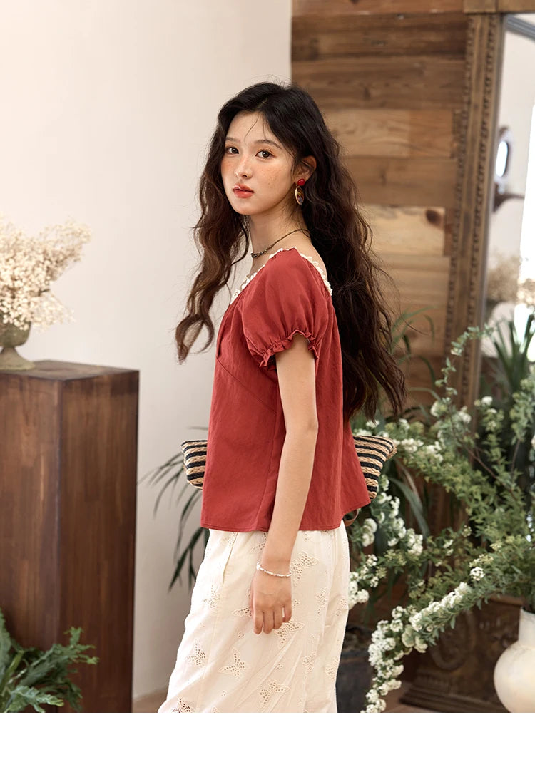 MISHOW Short Puff Sleeve Blouse Lace Collar Slimming MXE35X1827
