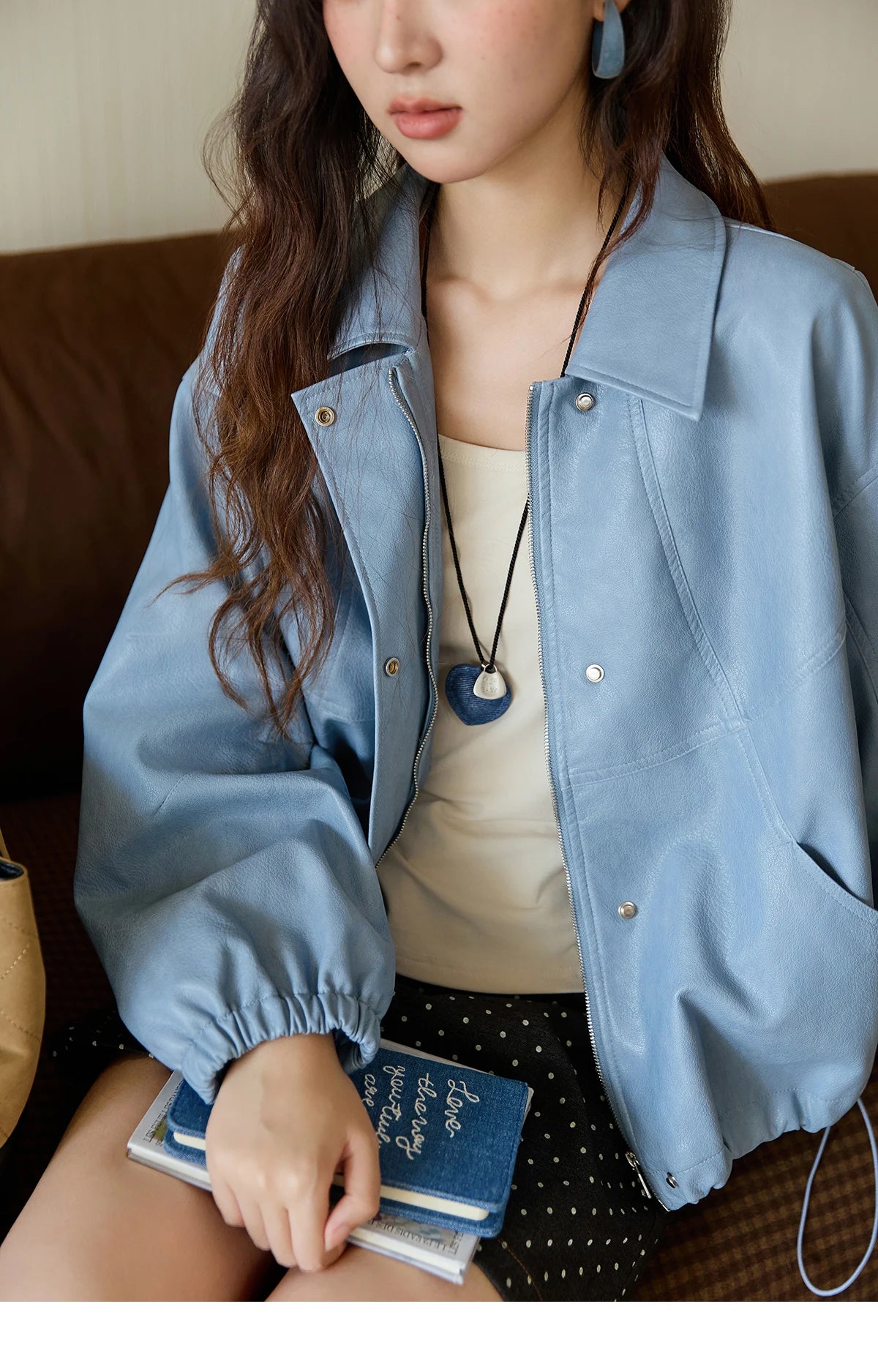 MISHOW Blue Short Jacket Hip-Hop Style Loose Zipper Pu Leather MXE45W0822