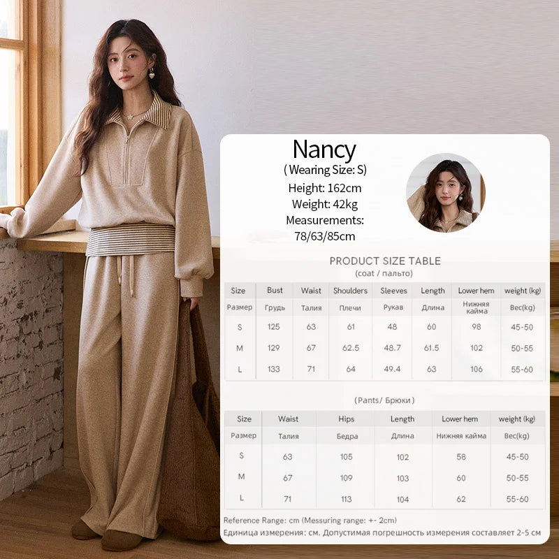 Mishow Retro Striped Lapel Half-Zip Sweatshirt & Wide Leg Pants Set MXE87T1425