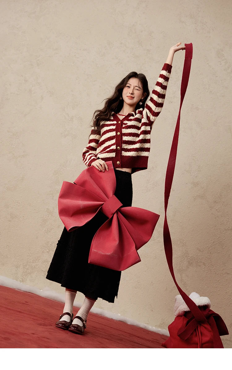 Mishow Christmas Red Striped Wool Blend Cropped Cardigan MXD58Z1038