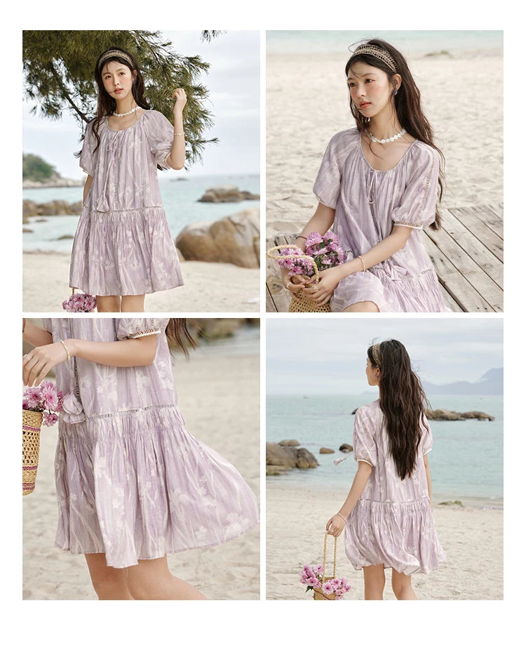 Mishow Print U-Neck Lace Hollow Chiffon Dress MXE32L2164