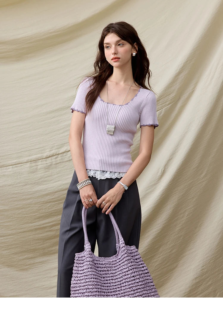 Mishow Office Lady Lace Collar Contrast Hook Top MXE33Z1218