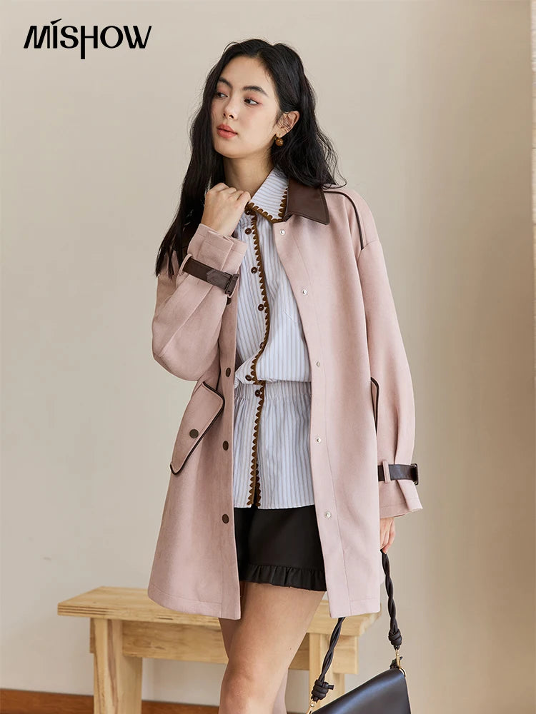 MISHOW Pink Mid-Length Jacket Turn-Down Collar Button Spliced MXE45W0845