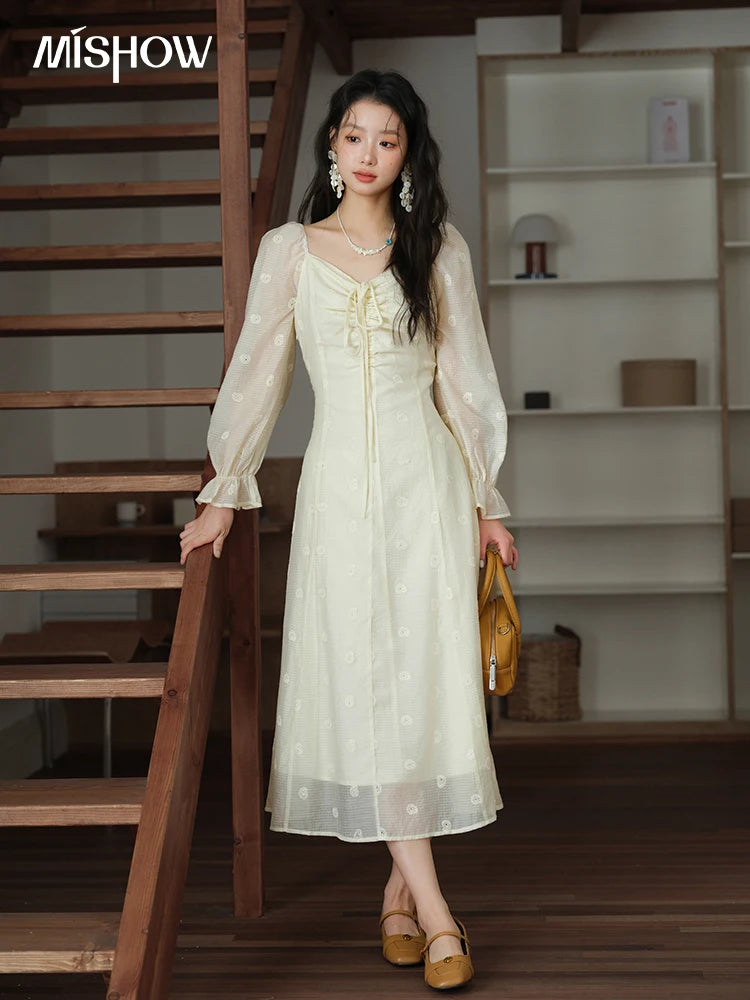 Mishow Cashew Flower Embroidered V-Neck Drawstring Dress MXE41L2387